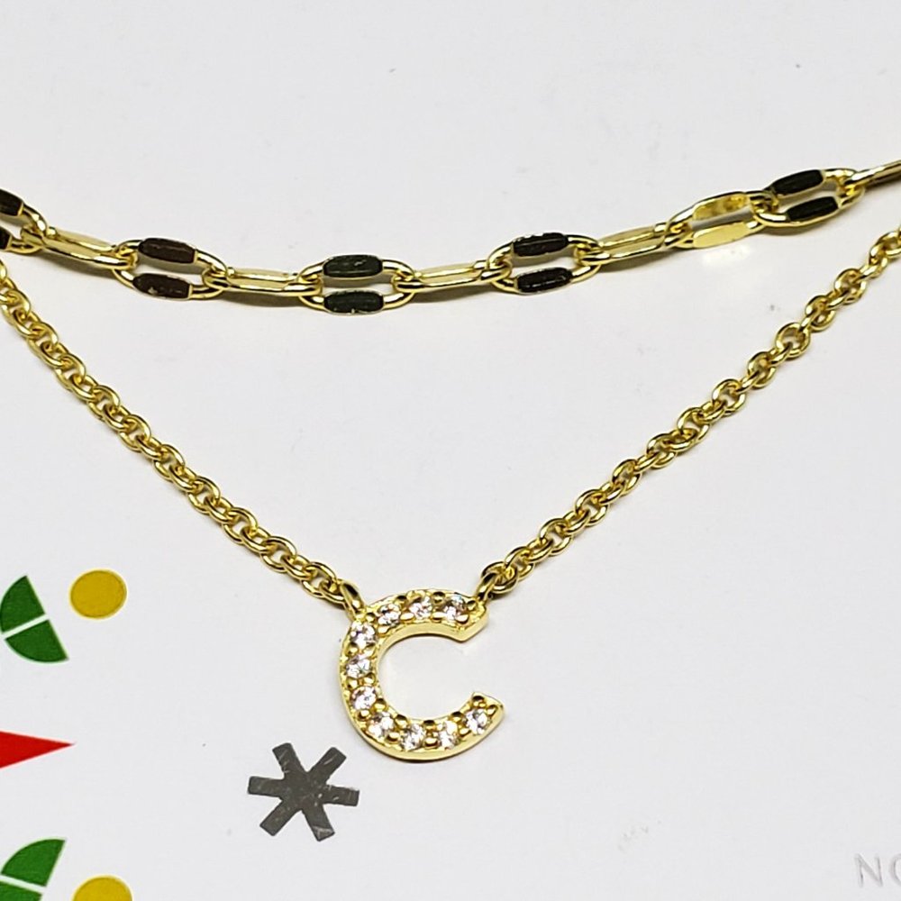 NWT 925 Sterling Silver CZ GOLD "C" Initial Double Chain Necklace Nordstrom Rack